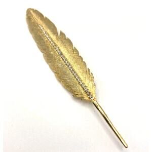 Vtg Tancer II Gold Tone 5.5" Etched Feather Rhinestone Trim Pin Brooch 22 Grams